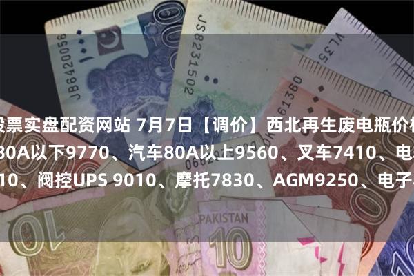 股票实盘配资网站 7月7日【调价】西北再生废电瓶价格：电动9560、汽车80A以下9770、汽车80A以上9560、叉车7410、电轿9350、牵引9710、阀控UPS 9010、摩托7830、AGM9250、电子秤5290。（单位：元/吨）（含3%增值税）